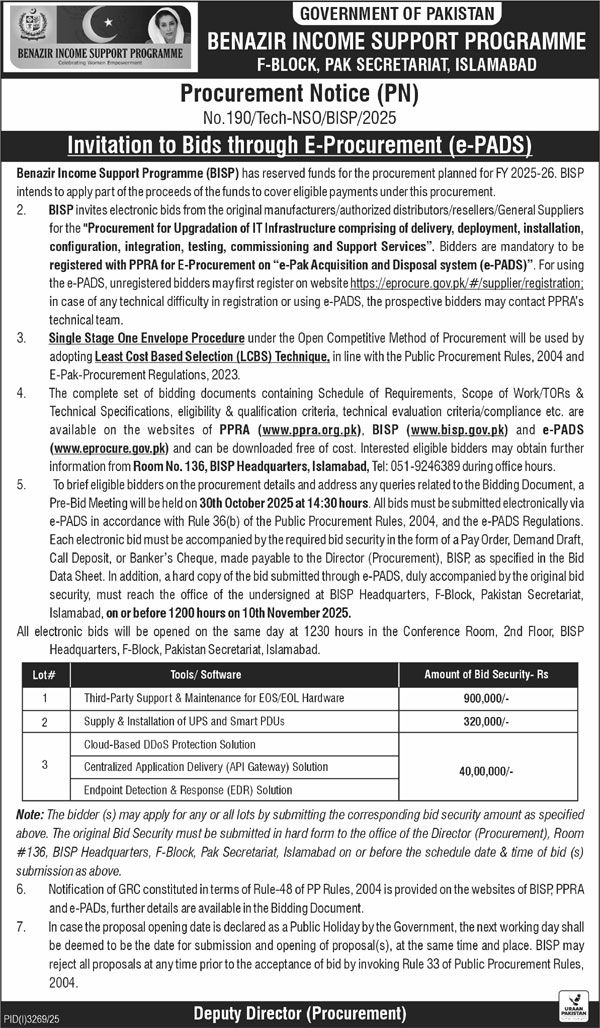 Benazir Income Support Programme Islamabad Tender Notice